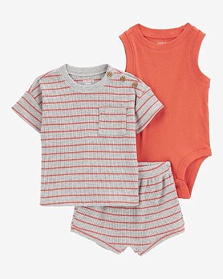 CONJUNTO VERÃO 3 PEÇAS CARTER'S - LISTRADINHO LARANJA - MENINO