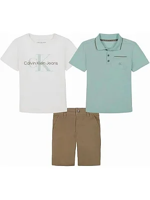 CONJUNTO 3 PEÇAS VERÃO CALVIN KLEIN - BASIC VERDE E BRANCO - MENINO