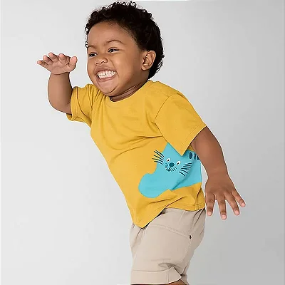 CAMISETA MANGA CURTA GREEN KIDS - CAT AMARELA - MENINO