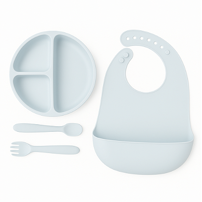 KIT DE ALIMENTAÇÃO DE SILICONE SHABBY CHIC - AZUL PASTEL - UNISSEX