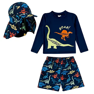 MODA PRAIA CONJUNTO 3 PEÇAS TIP TOP KIDS - ROAR - PROTEÇÃO UV50+ - MENINO