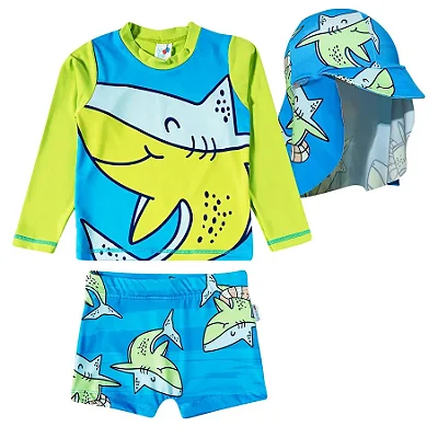 MODA PRAIA CONJUNTO 3 PEÇAS TIP TOP KIDS - TUBARÃO - PROTEÇÃO UV50+ - MENINO