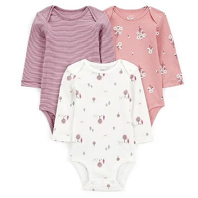 KIT 3 BODIES MANGA LONGA CARTER'S - FLORAL - MENINA