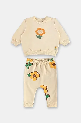 CONJUNTO MOLETOM 2 PEÇAS UP BABY - FLORZINHA BEGE - MENINA
