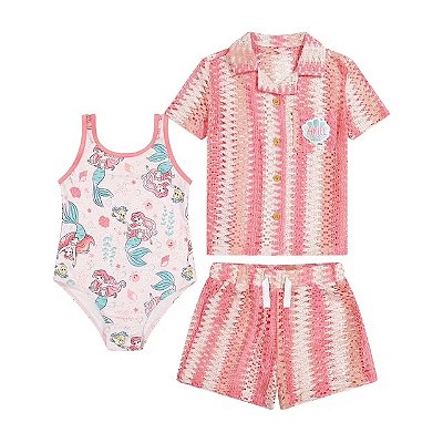 MODA PRAIA CONJUNTO 3 PEÇAS DISNEY - PRINCESA ARIEL - PROTEÇÃO UV50+ - MENINA