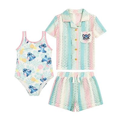MODA PRAIA CONJUNTO 3 PEÇAS DISNEY - STITCH - PROTEÇÃO UV50+ - MENINA
