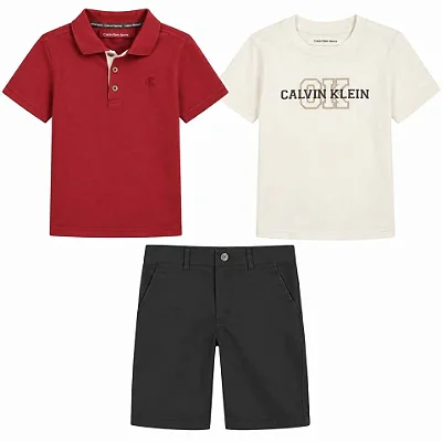 CONJUNTO VERÃO 3 PEÇAS CALVIN KLEIN - BASIC VERMELHO E CINZA - MENINO