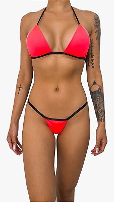 Biquíni Micro Fio Preto Marquinha Do Bronze Do Esparadrapo (Rosa Neon)