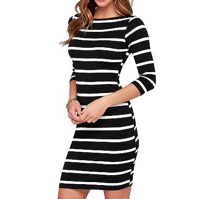 vestido de malha listrado preto e branco