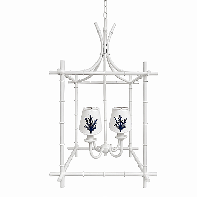 Lustre gaiola off white com cúpulas bordadas coral azul