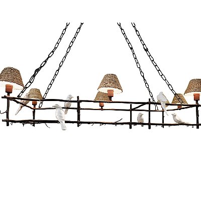 Lustre parreira em ferro com pássaros em faiança