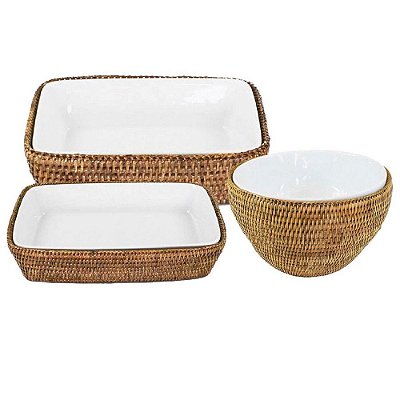 Kit de Travessas rattan e porcelana 3 Peças