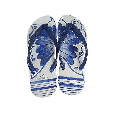 Chinelo de cerâmica desenho borboleta azul e branco