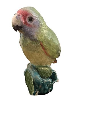 Papagaio de cerâmica no tronco