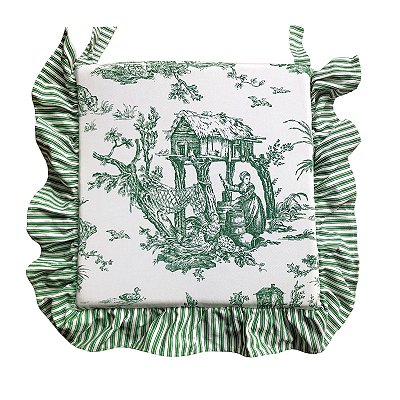 Almofada de cadeira toile de jouy verde com babados