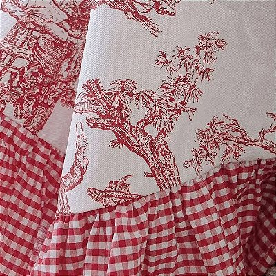 Toalha de mesa toile de jouy vermelho com babado xadrez vermelho 1,18x3,16