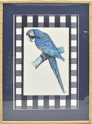 Quadro gravura pássaro azul 1 com passpatur azul e xadrez