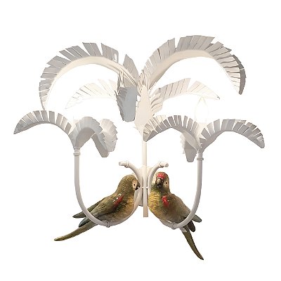 Arandela folhas de palmeira brancas e casal pássaros coloridos