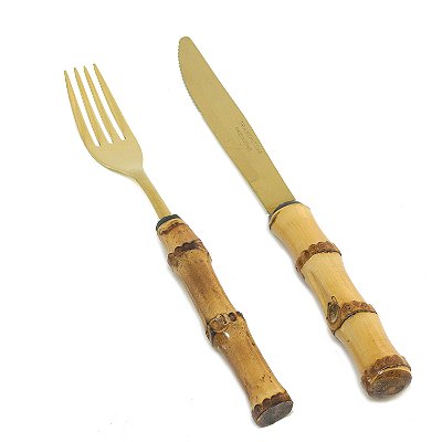 Garfo e faca jantar bambu com dourado