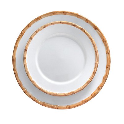 Jogo prato raso e sobremesa cerâmica borda bambu (4 peças)