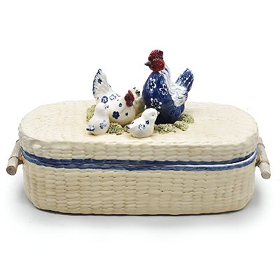 Caixa cestaria com tampa e aplicação de galo e galinha