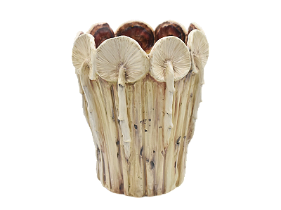 Vaso folha com cogumelos brancos na borda