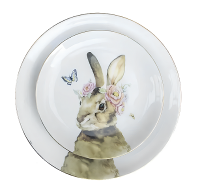 Prato raso e de sobremesa Coelha com Borboleta Friso dourado