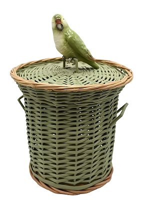 Lixeira de vime verde com friso e pássaro verde