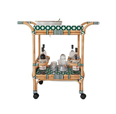Carrinho em rattan com trama verde e branca