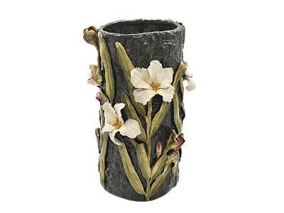 Vaso tronco fino com flores de íris aplicadas