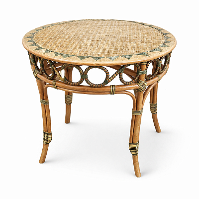 Mesa lateral em junco trabalhada com detalhes em verde (90 cm)