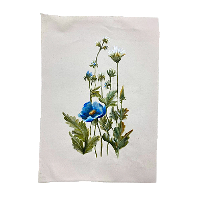 Tela pintada à mão flores azuis e brancas