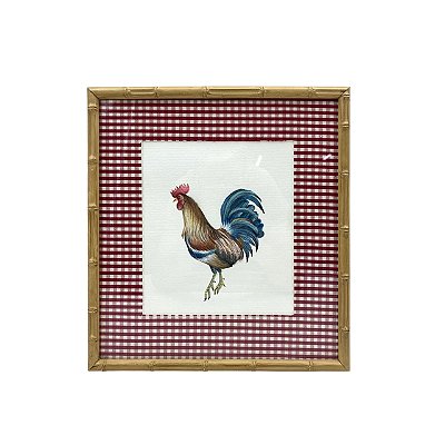 Quadro aquarela galo com tecido Vichy vermelho