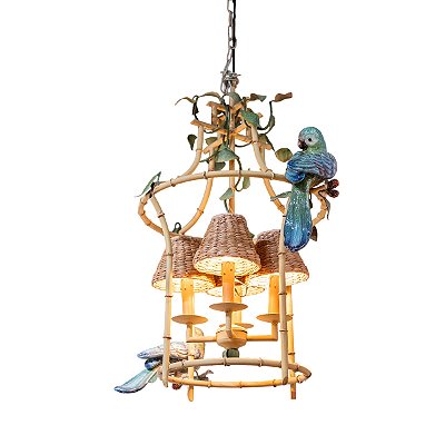 Lustre gaiola faux bamboo com folhas e casal pássaros