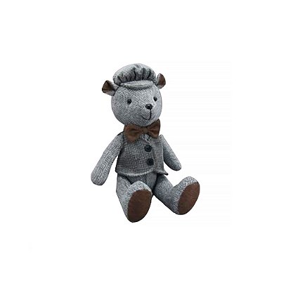 Urso de pelúcia cinza com colete e boina