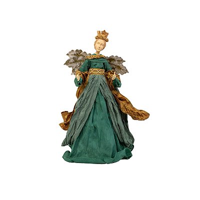 Anjo com coroa, asas e vestido verde e dourado