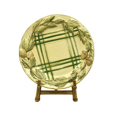 Prato sobremesa xadrez verde com relevo de pinhas