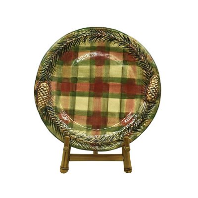 Prato sobremesa xadrez verde e vermelho com relevo de pinhas