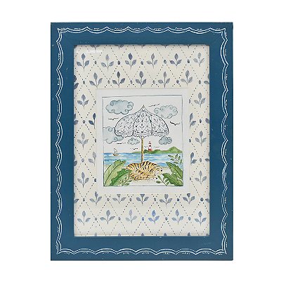 Quadro aquarela tigre com guarda-sol e moldura azul
