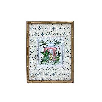 Quadro aquarela tigre com palmeira e coqueiro