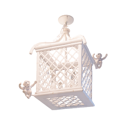 Lustre gaiola treliça P branca com macaquinhos