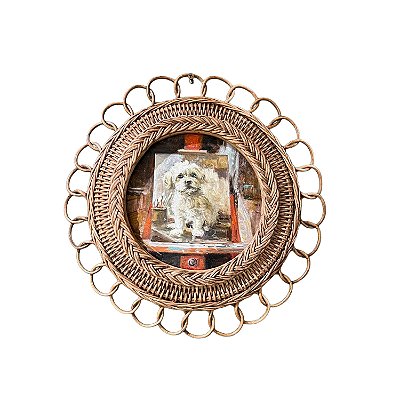 Quadro cachorro maltês moldura junco redonda