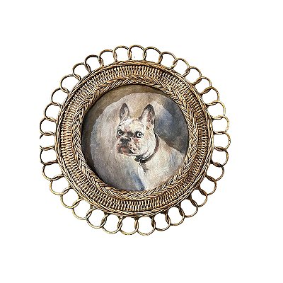 Quadro cachorro bulldog moldura junco redonda
