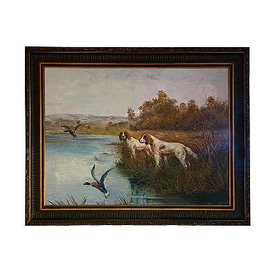 Quadro dois cachorros com patos no lago