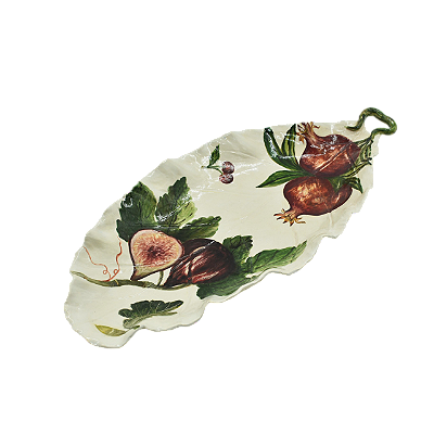Travessa folha com pintura de figo e romãs (51 cm)