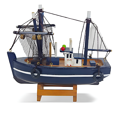 Barco pescador decorativo em madeira azul e branco