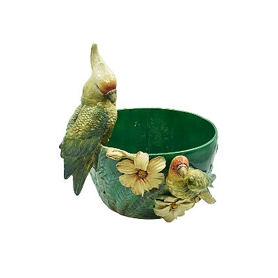 Cachepot verde com flores, folhas e pássaro