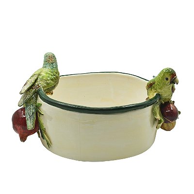 Centro de mesa redondo com aplique de figos, romãs e pássaros