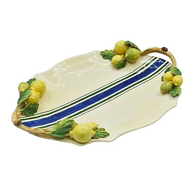 Bandeja Maria G listra azul com limões e alça de galho