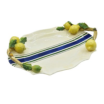 Bandeja Maria M listra azul com limões e alça de galho